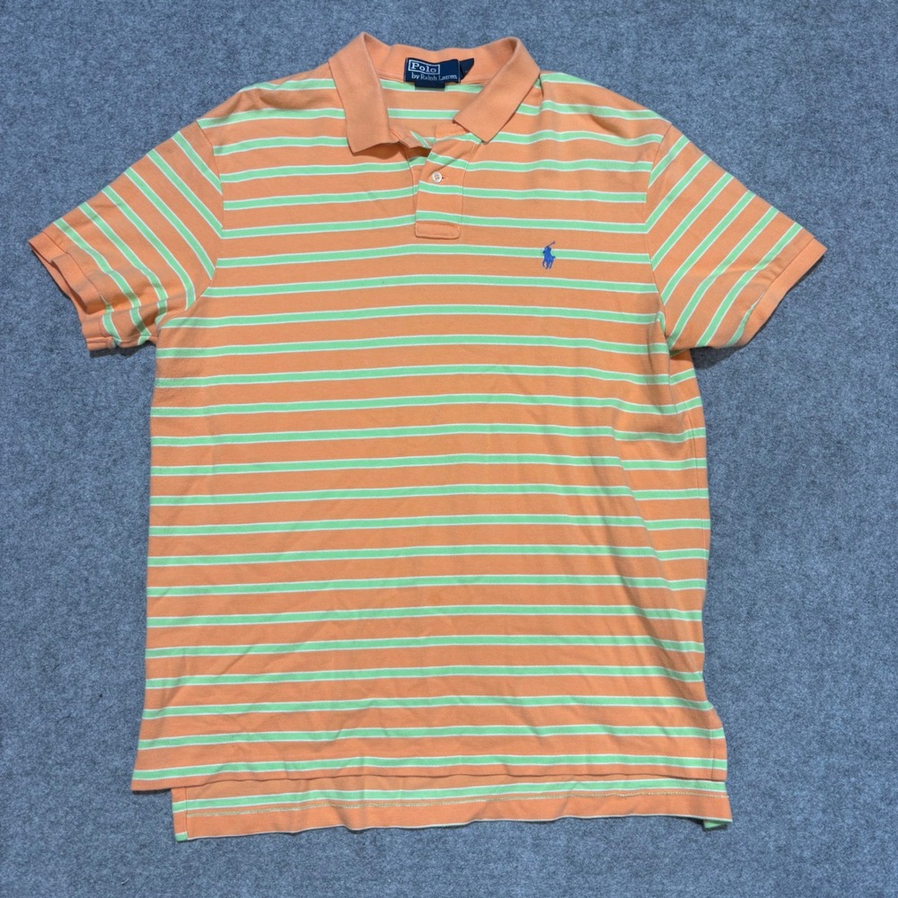 Polo Ralph Lauren Mens XL Polo Shirt Orange Green Striped Short Sleeve Pique
